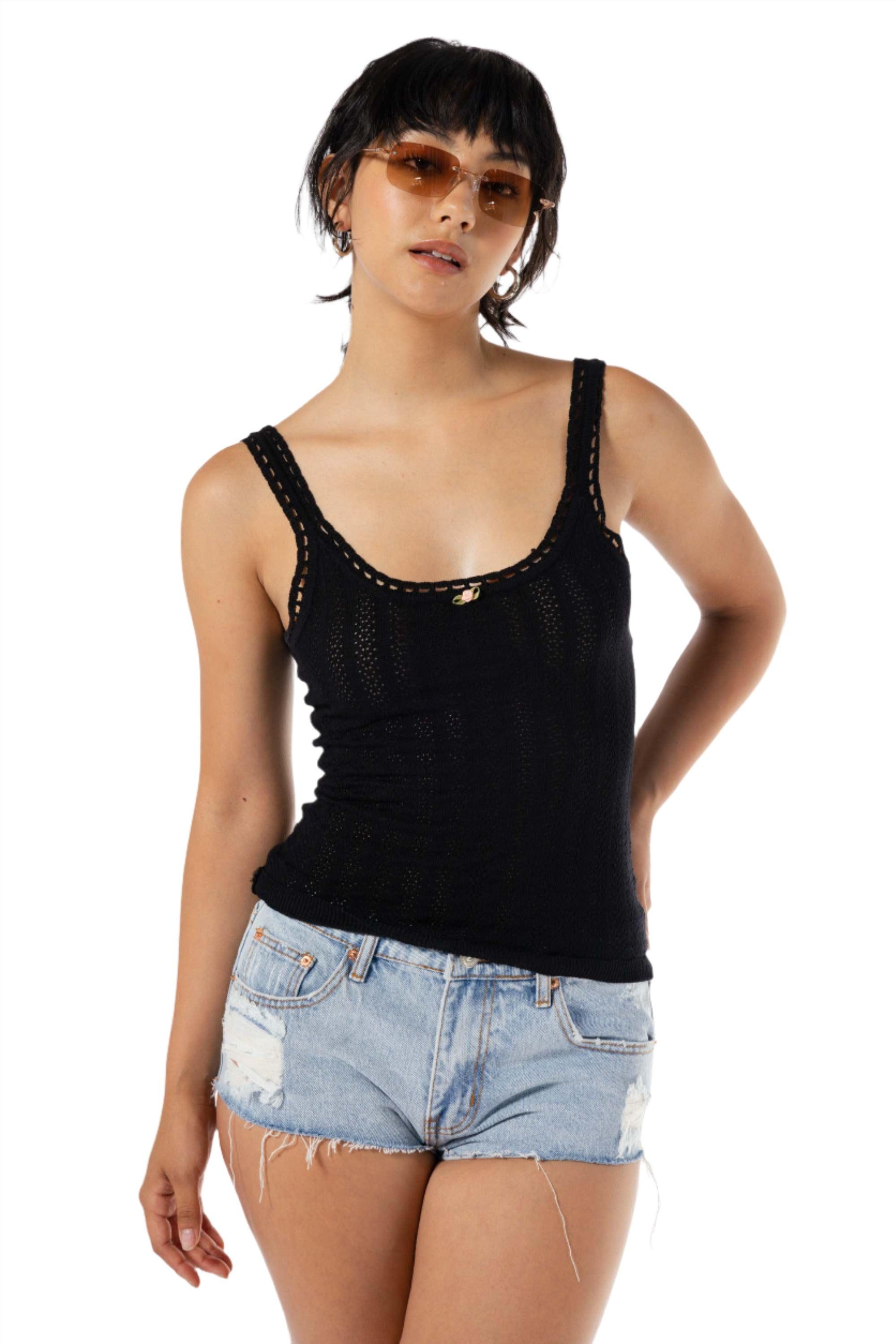 Jane Eyelet Tank Top in Black - Eight Cats