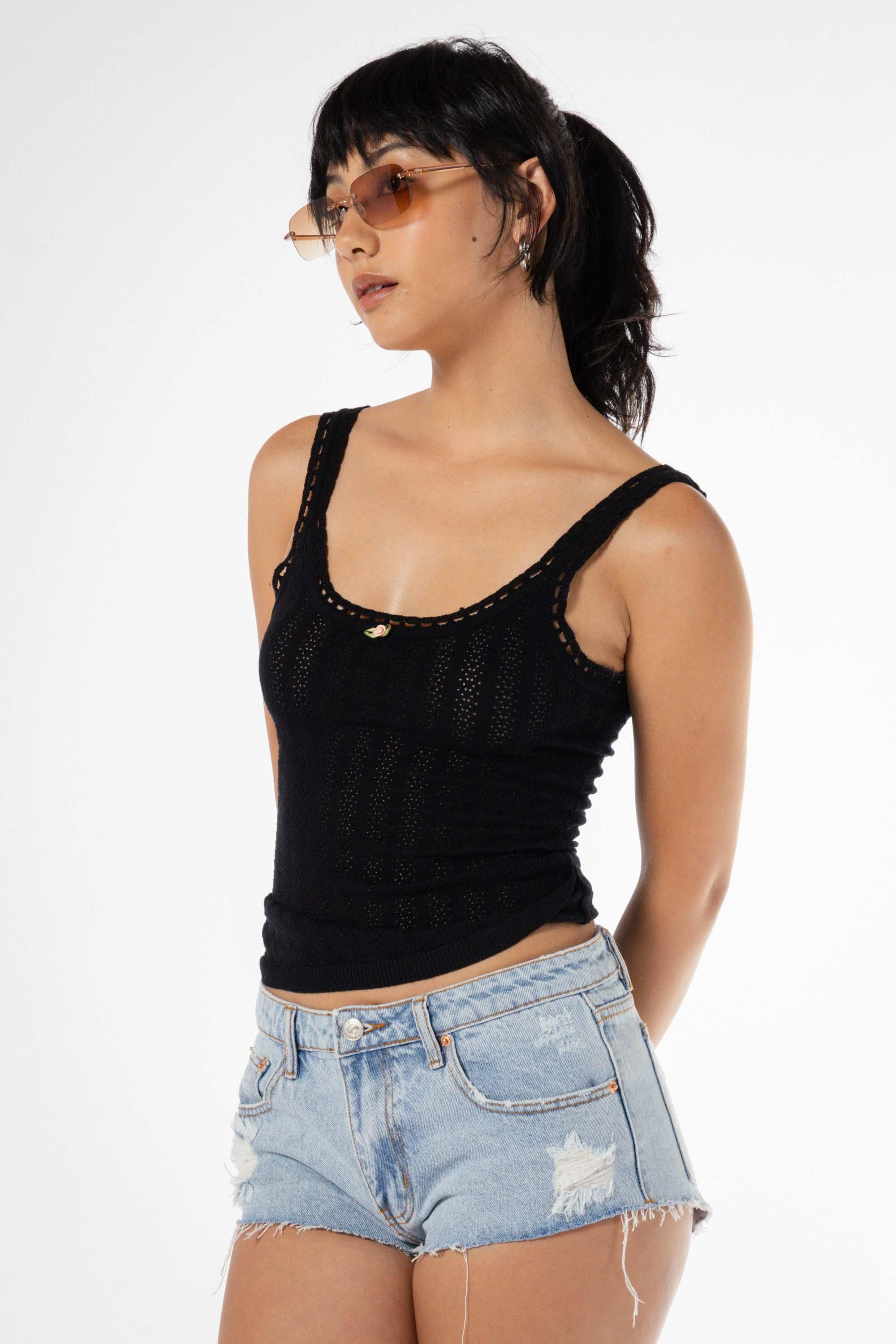 Jane Eyelet Tank Top in Black - Eight Cats